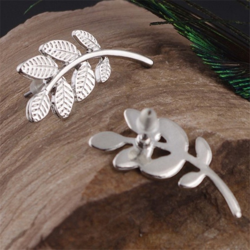 Silver Leaf & Branch Studs Ear Crawler Earrings - Picture 3 of 6